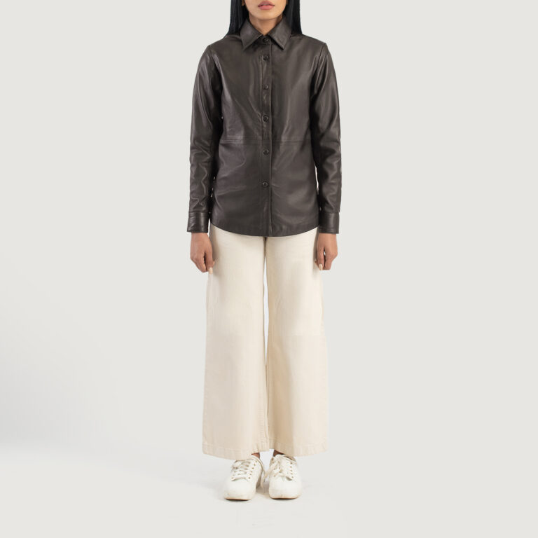 Womens Zenith Brown Leather Shirt Jacket Full Length-2-1686937115918